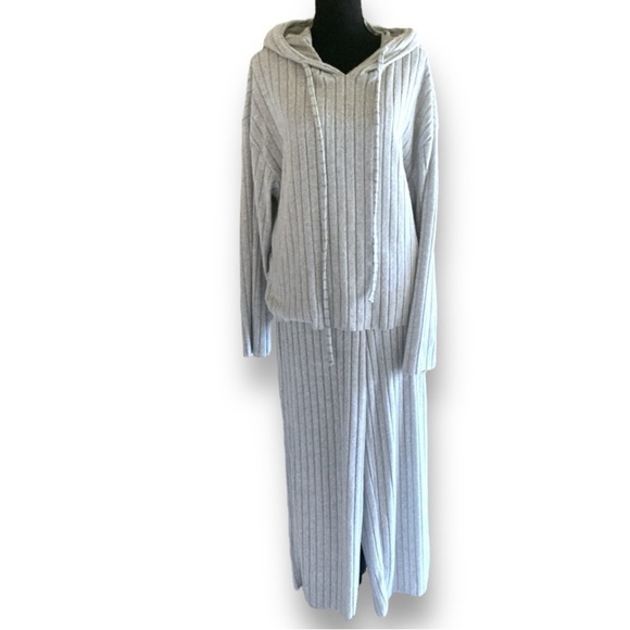 Vintage Wide Leg 2pc Ribbed Casual Lounging Tracksuit Grey XL - Picture 15 of 16